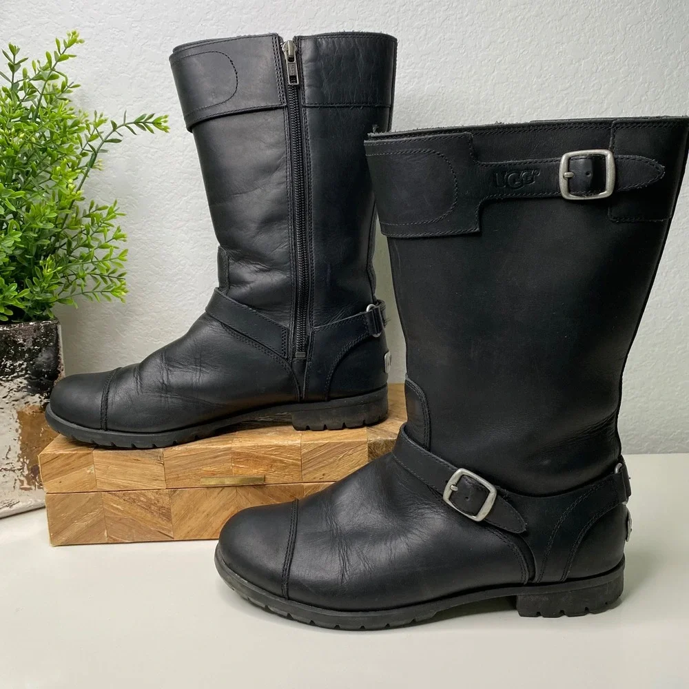 UGG‎ Gershwin Black Leather Tall Motorcycle Riding Boots Buckle Detail Size 7.5